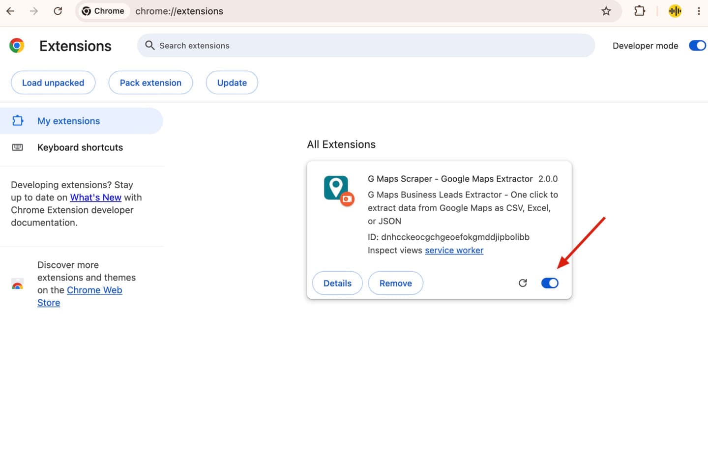 Chrome Extensions page showing the installed G Maps Scraper extension card.